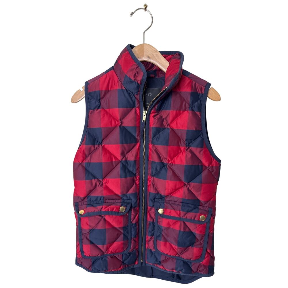 J. CREW Excursion Quilted Down Puffer Plaid Vest Style E6624 Size XXXS Red Navy